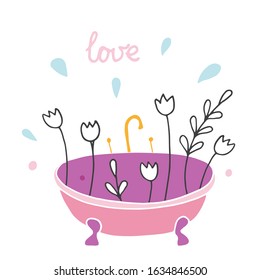 Single vector doodle illustration on white background; spring branches and tulips in a bathtub.