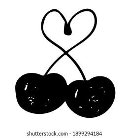 A single vector element with hand drawn doodles of cherry berries. Illustrations for homemade jams and juices. Romantic cherry berry couple with heart for Valentine's day and wedding cards.