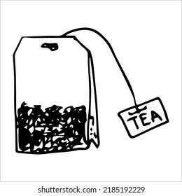 A single vector element is a tea bag with an inscription. Doodle illustration. Hand-drawn. It can be used for stickers, patterns, wrapping paper, logos, icons.