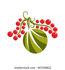 Single vector flat green leaf with red seeds. Herbal and botany symbol, spring season natural icon isolated on white background. Ecology conservation theme design element.