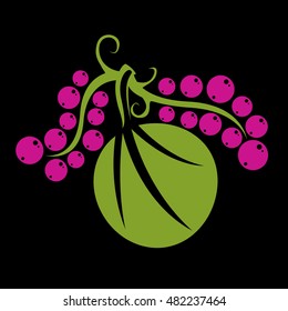 Single vector flat green leaf with purple seeds. Herbal and botany art symbol, spring season stylized ecology icon. Environment conservation element.