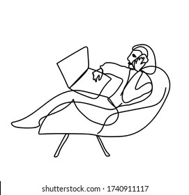 Single vector girl studying. A person  works in a remote job, talks on the phone. Simple llustration of black line art style hand drawn. Design for posters, social networks, web, card.