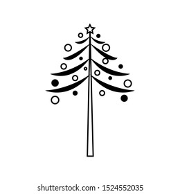 Single vector hand drawn Christmas tree with Christmas balls and star on white background. Doodle illustration for cards, stickers, design