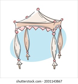 Single vector image of fabric awning, wedding tent, awning in pink and cream colors. Stylish illustration in cartoon flat style for compositions, advertising printing, invitations, banners, logos.