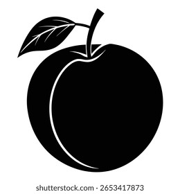 Uma única imagem vetorial apresenta uma ameixa redonda em preto sólido, apresentando um contorno branco nítido e mola folhosa anexada. Esta ilustração está sobre um fundo transparente.