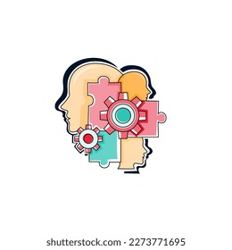 Single vector main object without background. Head with mechanic brain. Future robot machine. Terminator cartoon illustration. Colored bright technology image.