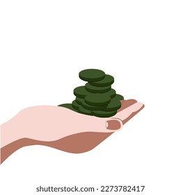 Single vector main object without background. Money and coins. Bag with banknotes and change. Colored bright image. Hand holding a lot of cash.