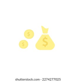 Single vector main object without background. Money and coins. Bag with banknotes and change. Colored bright image. Hand holding a lot of cash.