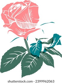 Single vector rose flower with leaves riso print effect isolated on white background