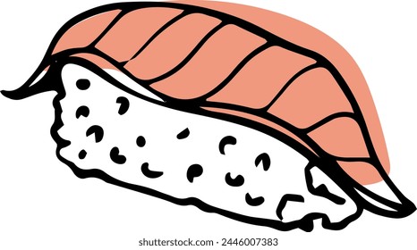 Single vector salmon sushi nigiri hand drawn doodle style side view isolated on white background