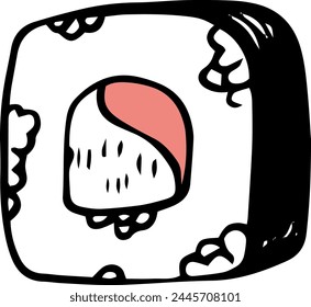 Un solo Vector salmón sushi rollo dibujado a mano doodle estilo vista lateral aislado sobre fondo blanco