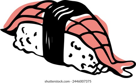 Single vector shrimp sushi nigiri hand drawn doodle style side view isolated on white background