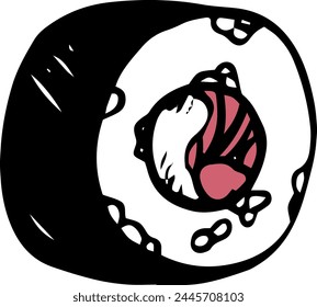 Single vector tuna sushi roll hand drawn doodle style side view isolated on white background