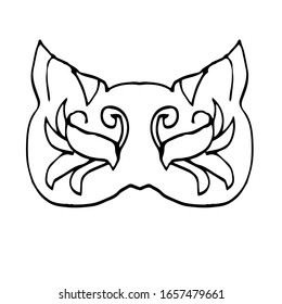 Single Venetian carnival mask. Mask of a cat. Mardi Gras festival, masquerade. Isolated on a white background. For a design element. Coloring page for children and adults.