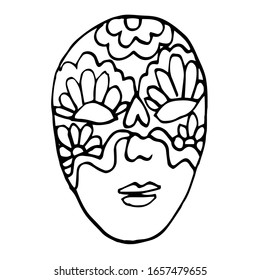 Single Venetian carnival mask.  Mardi Gras festival, masquerade. Isolated on a white background. For a design element. Coloring page for children and adults.