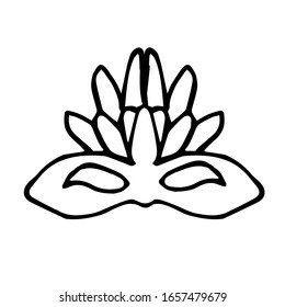 Single Venetian carnival mask.  Mardi Gras festival, masquerade. Isolated on a white background. For a design element.Mask with feathers. Coloring page for children and adults.