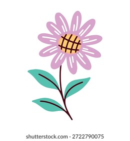 Single violet floral bloom with yellow center and green stem. Elegant plant for nature lovers, garden design, and spring seasonal greeting card backgrounds.