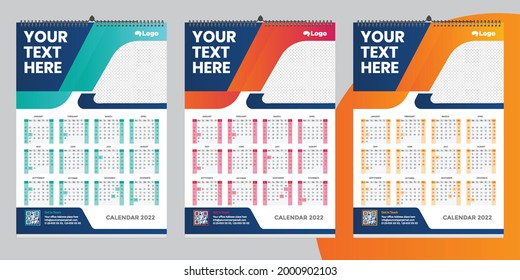  Single wall calendar 2022 template design with vector. Planner diary with Place for Photo.