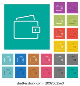 Single wallet outline multi colored flat icons on plain square backgrounds. Included white and darker icon variations for hover or active effects.