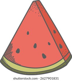 A single watermelon slice with seeds in a hand-drawn style. The fruit piece is depicted with textured details and a bold outline. Cartoon vector illustration.