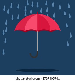 Einmaliges Wettersymbol. offener Regenschirm mit heftigem Regen in dunklem Himmel
