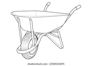 Single Wheel Barrow vector .Trolley line art vector illustration isolated on white background.  Wheel Barrow outline illustration.