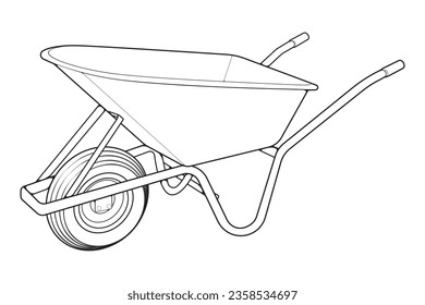 Single Wheel Barrow vector .Trolley line art vector illustration isolated on white background.  Wheel Barrow outline illustration.