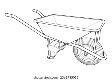Single Wheel Barrow vector .Trolley line art vector illustration isolated on white background.  Wheel Barrow outline illustration.