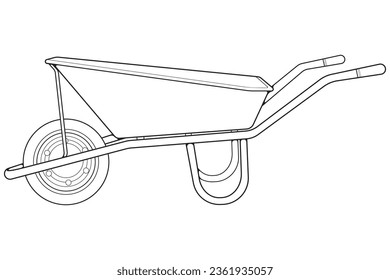 Single Wheel Barrow vector .Trolley line art vector illustration isolated on white background.  Wheel Barrow outline illustration.