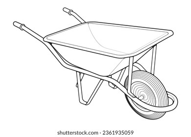 Single Wheel Barrow vector .Trolley line art vector illustration isolated on white background.  Wheel Barrow outline illustration.