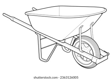 Single Wheel Barrow vector .Trolley line art vector illustration isolated on white background.  Wheel Barrow outline illustration.
