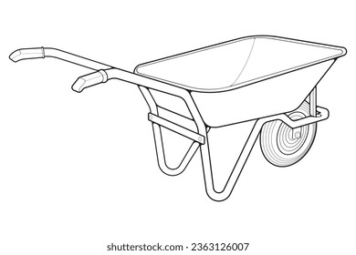 Single Wheel Barrow vector .Trolley line art vector illustration isolated on white background.  Wheel Barrow outline illustration.
