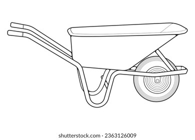 Single Wheel Barrow vector .Trolley line art vector illustration isolated on white background.  Wheel Barrow outline illustration.
