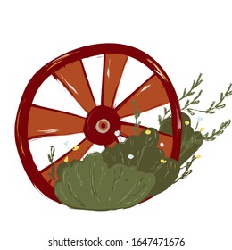 Single wheel with plants.Gardening decoration. Vector. doodle clipart. Isolated on a white background. For design, cards, invitation, decoration, stickers
