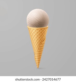 A single white ball of ice cream or gelato in a waffle cone, cold and sweet. Isolated on a gray background
