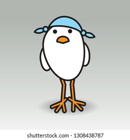 Single White British Chick wearing Knotted Blue Handkerchief on Heads for Sun Protection while staring towards camera on Grey background
