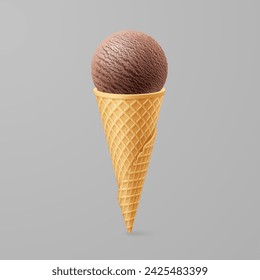 A single white brown of ice cream or gelato in a waffle cone, cold and sweet. Isolated on a gray