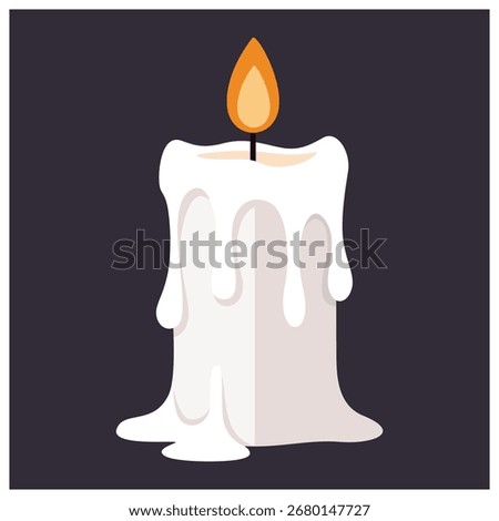 A single white candle with dripping wax and a bright orange flame.