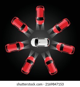 Un solo coche blanco en el centro del círculo de coches rojos