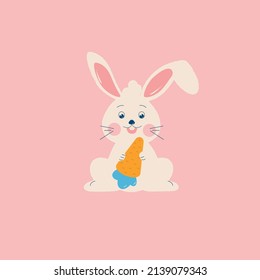 Single white cartoon rabbit with a carrot