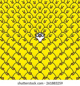 Single White Chick in Black Round Framed Glasses Surrounded by Repeating Yellow Chicks all staring in its direction