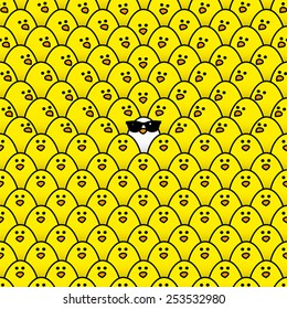 Single White Chick in cool Sunglasses Surrounded by Repeating Yellow Chicks with some staring in its direction