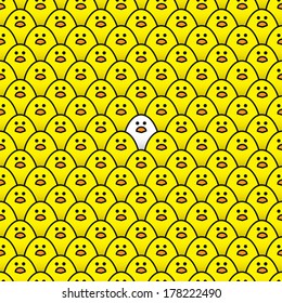 Single White Chick Surrounded by a Repeating Pattern of Staring Yellow Chicks - Vector