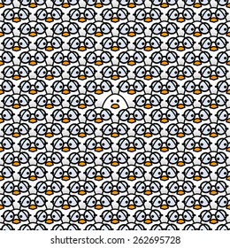 Single White Chick surrounded by Many Identical Chicks wearing Round Black Rimmed Glasses Staring at camera
