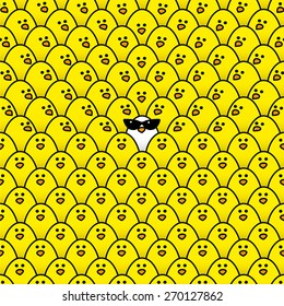 Single White Chick wearing cool Ladies Retro Sunglasses Surrounded by Repeating Yellow Chicks with some staring in its direction