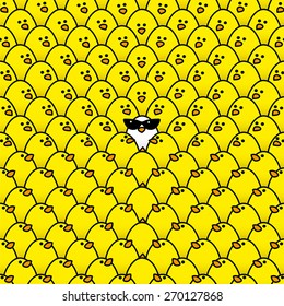 Single White Chick Wearing cool Ladies Retro Sunglasses Surrounded by Repeating Yellow Chicks all staring in its direction