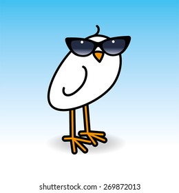 Single White Chick Wearing Ladies Black Rimmed Sunglasses Turning Head towards camera on Blue Background