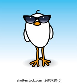 Single White Chick Wearing Ladies Black Rimmed Sunglasses Staring towards camera on Blue Background

