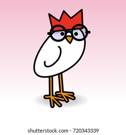 Single White Chick Wearing Red Party Hat Round Black Rimmed Spectacles Turning Head towards camera on Pink Background