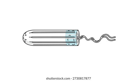 Single white cotton tampon with a long string, used for feminine hygiene during a menstrual cycle, on white background.